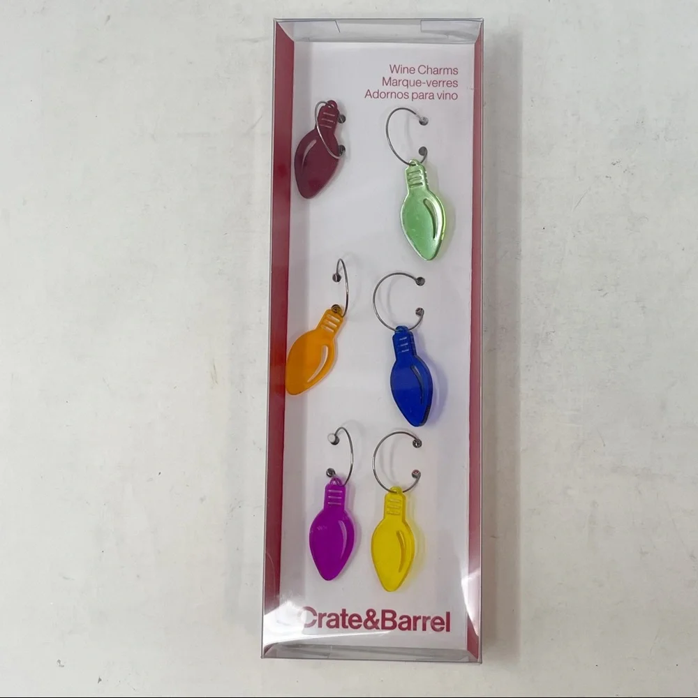 CRATE & BARREL Multicolor Christmas Bulb Wine Charms Set Of 6 New In Box